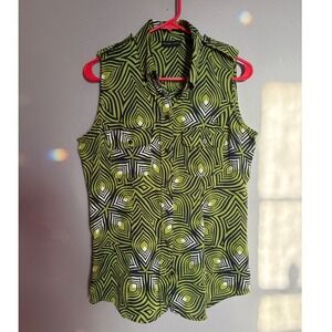 Psychedelic Green Geometric New York & Company Sleeveless Button Down Blouse M